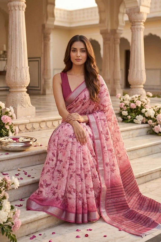 Pink Floral Printed Linen Saree (ACA8524)