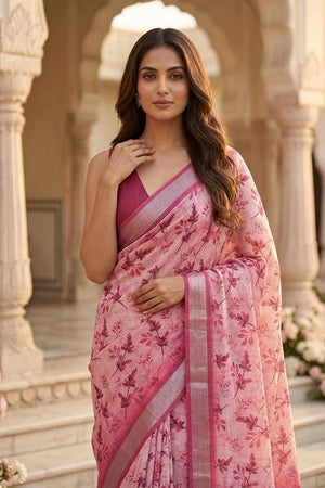 Pink Floral Printed Linen Saree (ACA8524)