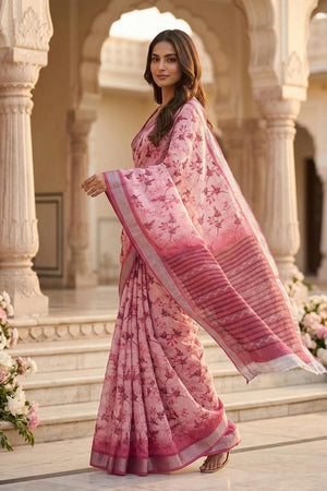 Pink Floral Printed Linen Saree (ACA8524)