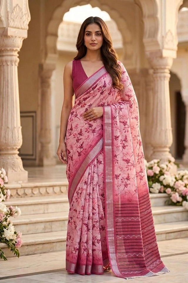 Pink Floral Printed Linen Saree (ACA8524)