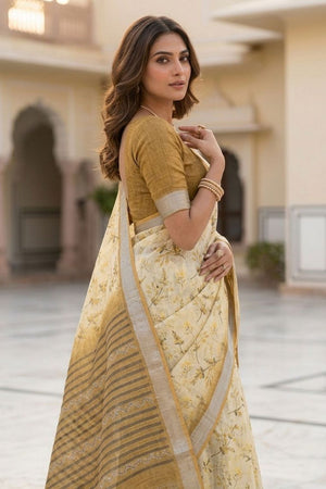 Yellow Floral Printed Linen Saree (ACA8525)