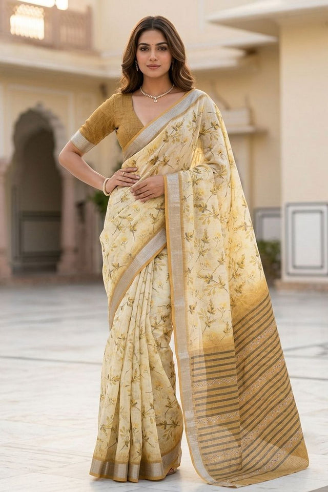 Yellow Floral Printed Linen Saree (ACA8525)