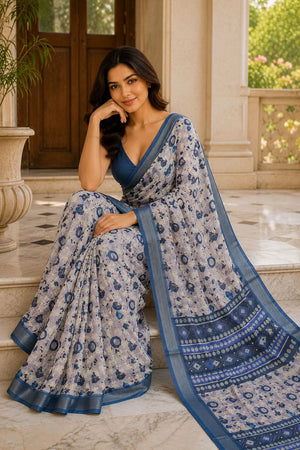 Blue Floral Printed Linen Saree (ACA8526)