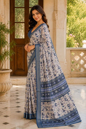Blue Floral Printed Linen Saree (ACA8526)