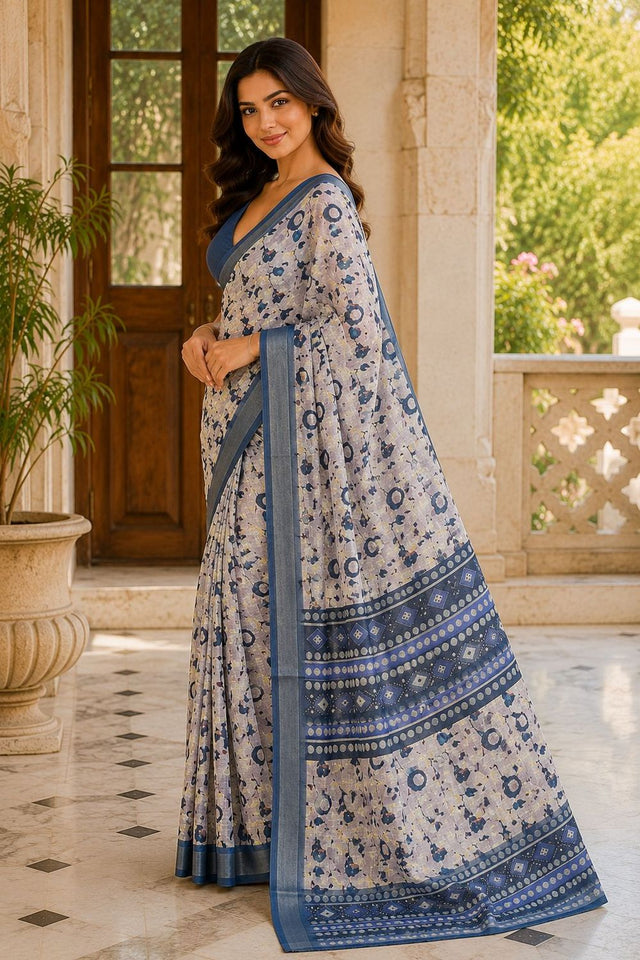 Blue Floral Printed Linen Saree (ACA8526)