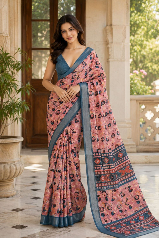 Peach Floral Printed Linen Saree (ACA8527)