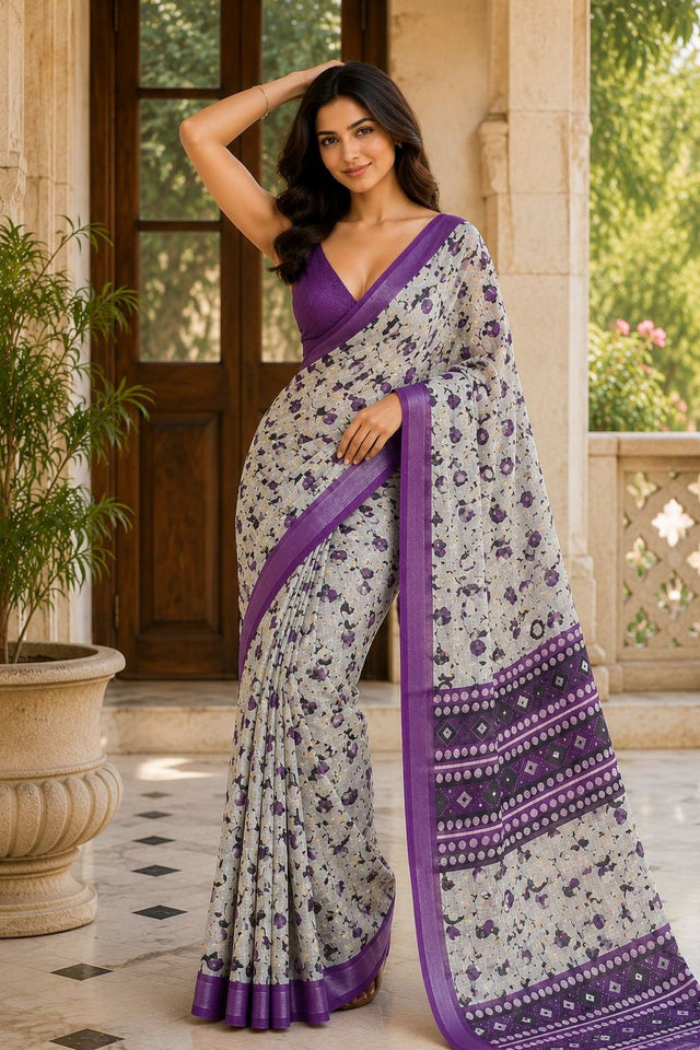 Violet Floral Printed Linen Saree (ACA8528)