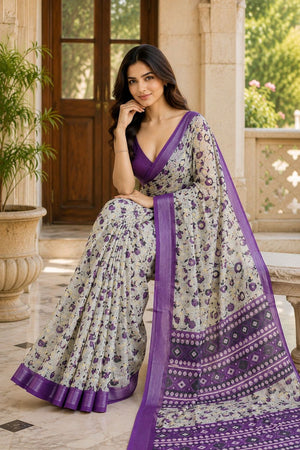 Violet Floral Printed Linen Saree (ACA8528)