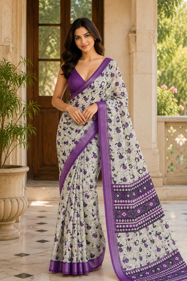 Violet Floral Printed Linen Saree (ACA8528)