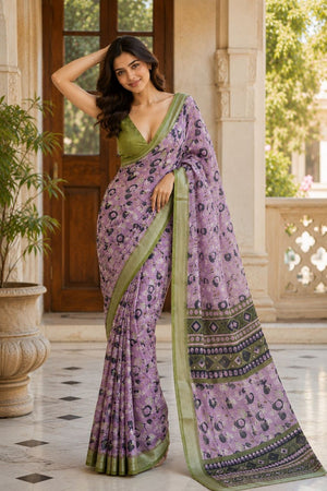 Lavender Floral Printed Linen Saree (ACA8529)
