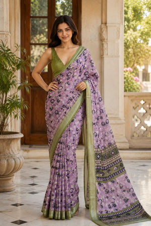 Lavender Floral Printed Linen Saree (ACA8529)