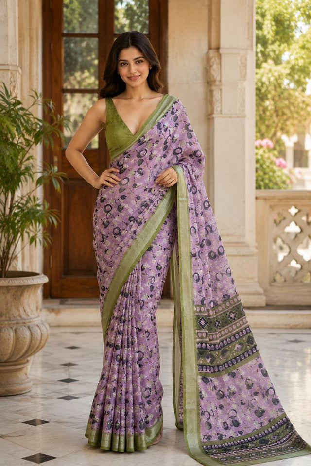 Lavender Floral Printed Linen Saree (ACA8529)