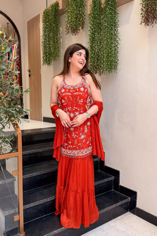 Orange Floral Embroidered Chinon Sharara Suits (ACA8534)