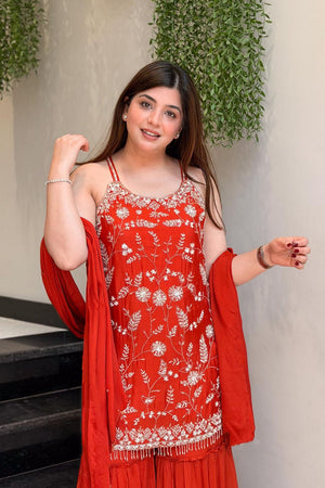 Orange Floral Embroidered Chinon Sharara Suits (ACA8534)