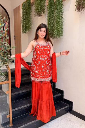 Orange Floral Embroidered Chinon Sharara Suits (ACA8534)