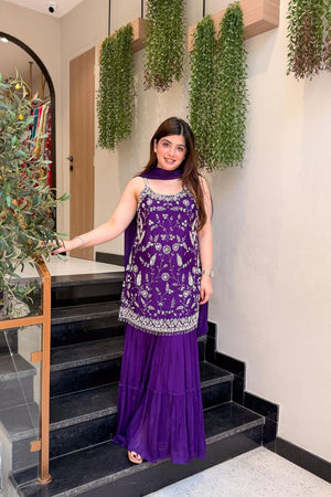 Violet Floral Embroidered Chinon Sharara Suits (ACA8535)