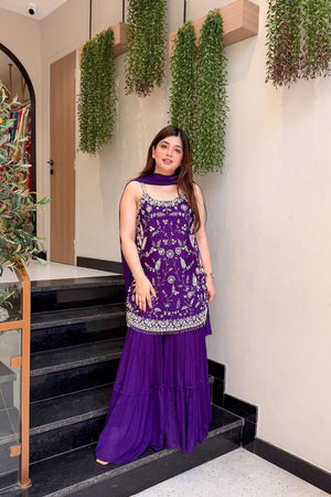 Violet Floral Embroidered Chinon Sharara Suits (ACA8535)