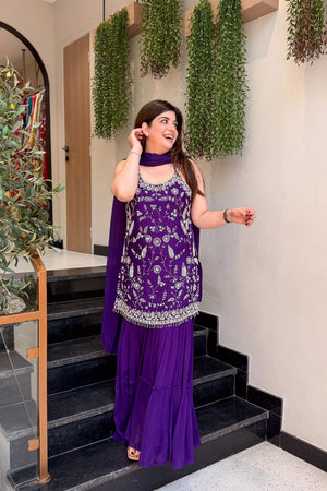 Violet Floral Embroidered Chinon Sharara Suits (ACA8535)