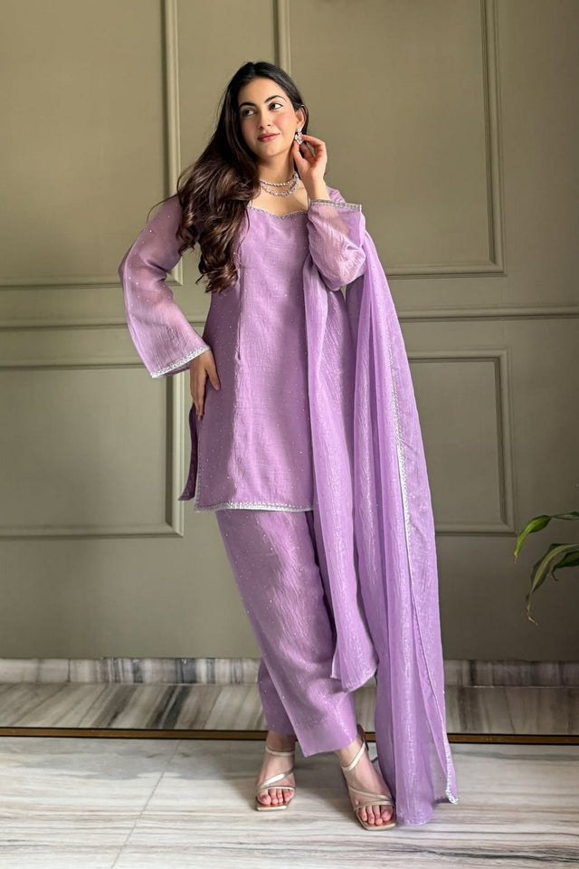 Pink Embroidered Silk Blend Kurti Pant Set (ACA8536)