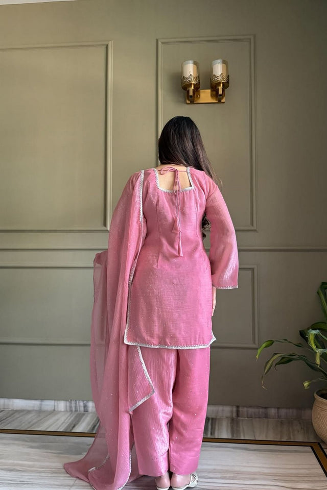Pink Embroidered Silk Blend Kurti Pant Set (ACA8537)