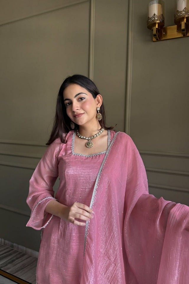Pink Embroidered Silk Blend Kurti Pant Set (ACA8537)