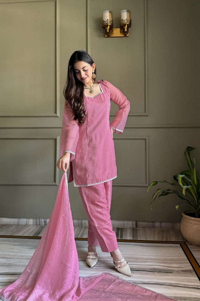 Pink Embroidered Silk Blend Kurti Pant Set (ACA8537)