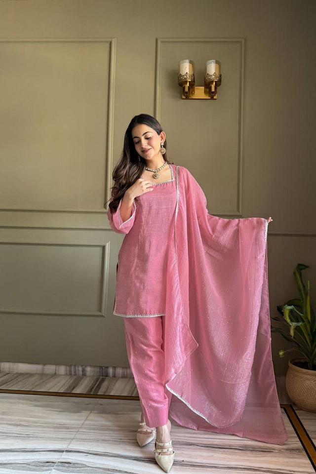 Pink Embroidered Silk Blend Kurti Pant Set (ACA8537)