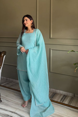 Sea Green Embroidered Silk Blend Kurti Pant Set (ACA8538)