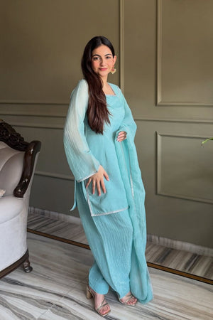 Sea Green Embroidered Silk Blend Kurti Pant Set (ACA8538)