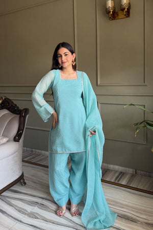 Sea Green Embroidered Silk Blend Kurti Pant Set (ACA8538)