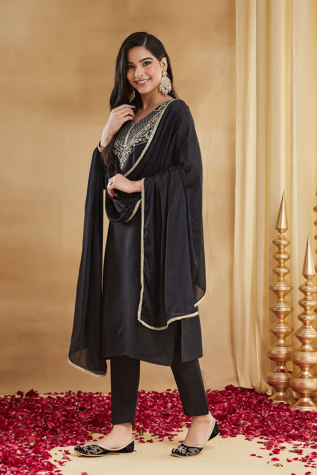 Black Embroidered Rayon Straight Cut Suits (ACA8541)