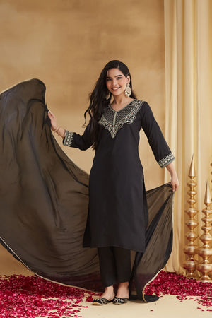 Black Embroidered Rayon Straight Cut Suits (ACA8541)