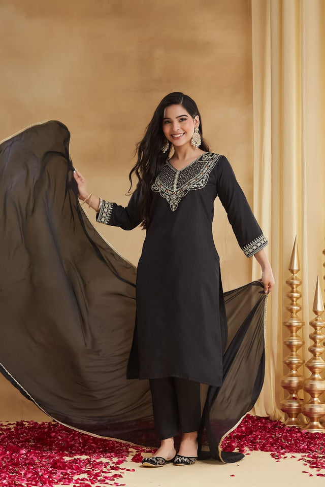 Black Embroidered Rayon Straight Cut Suits (ACA8541)
