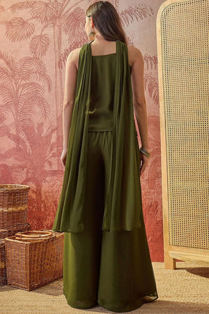 Green Embroidered Georgette Co-Ord Set (ACA8542)
