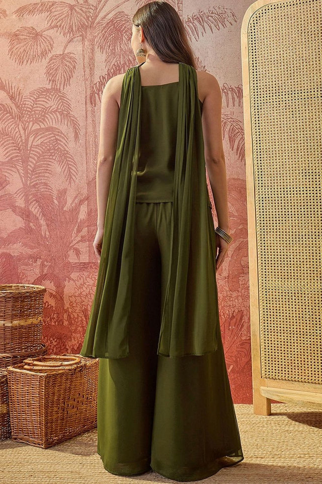Green Embroidered Georgette Co-Ord Set (ACA8542)