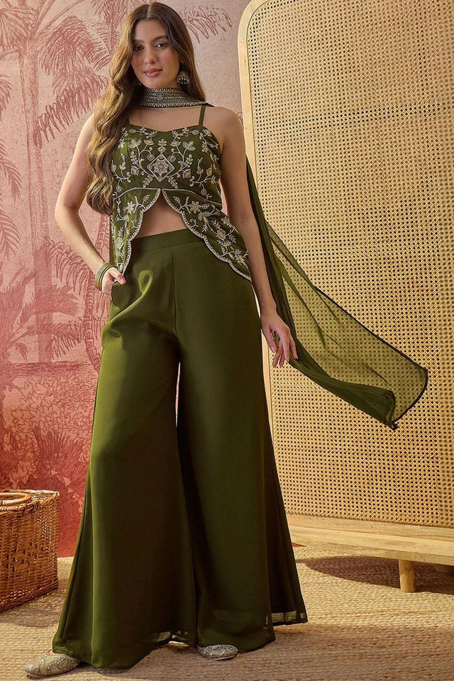 Green Embroidered Georgette Co-Ord Set (ACA8542)