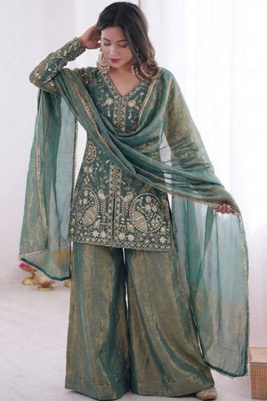 Grey Sequin with Embroidered Satin Palazzo Suits (ACA8543)