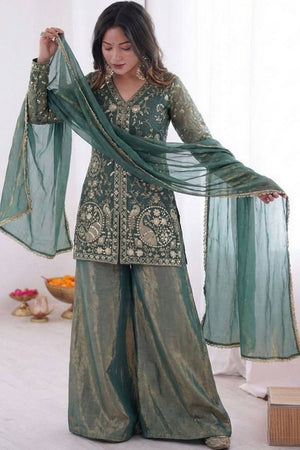 Grey Sequin with Embroidered Satin Palazzo Suits (ACA8543)