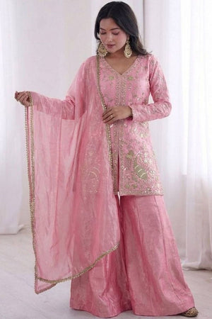 Pink Sequin with Embroidered Satin Palazzo Suits (ACA8544)