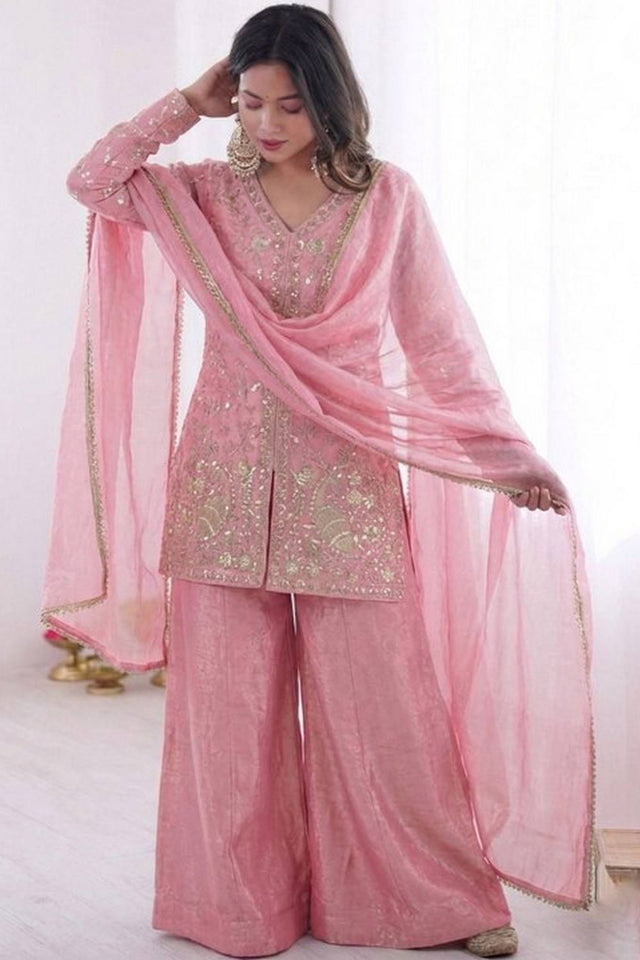 Pink Sequin with Embroidered Satin Palazzo Suits (ACA8544)