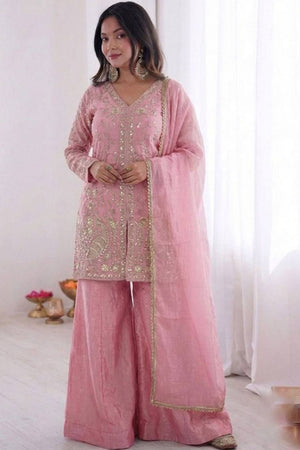 Pink Sequin with Embroidered Satin Palazzo Suits (ACA8544)