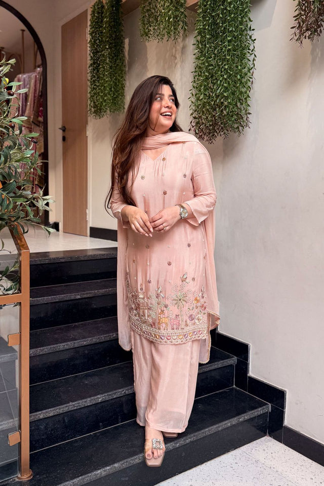 Pink Embroidered Crepe Kurti Pant Set (ACA8545)