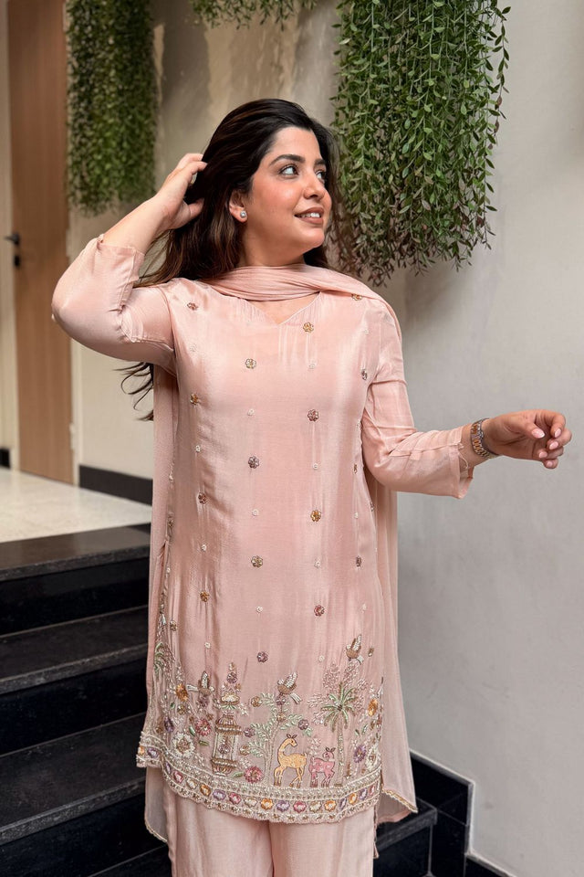 Pink Embroidered Crepe Kurti Pant Set (ACA8545)