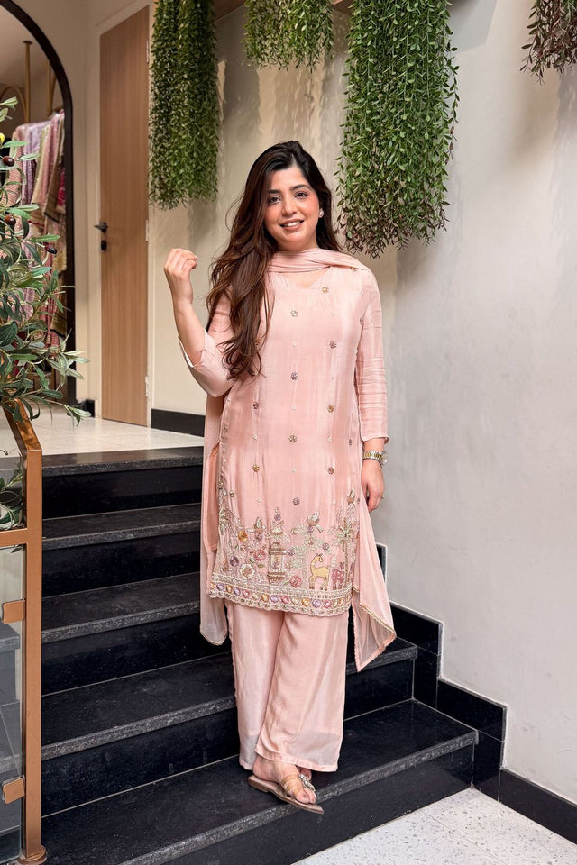 Pink Embroidered Crepe Kurti Pant Set (ACA8545)
