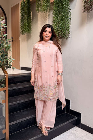Pink Embroidered Crepe Kurti Pant Set (ACA8545)