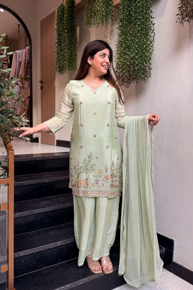 Green Embroidered Crepe Kurti Pant Set (ACA8546)