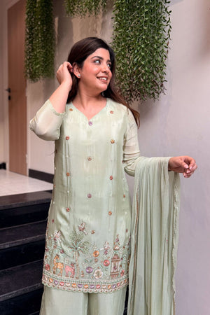 Green Embroidered Crepe Kurti Pant Set (ACA8546)