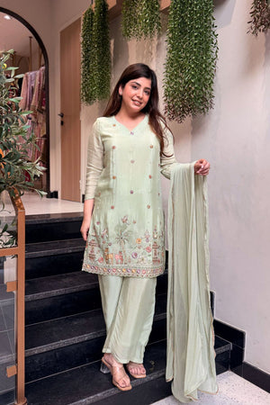 Green Embroidered Crepe Kurti Pant Set (ACA8546)