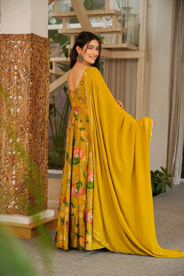 Mustard Floral Printed Rayon Gown (ACA8547)