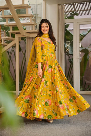 Mustard Floral Printed Rayon Gown (ACA8547)